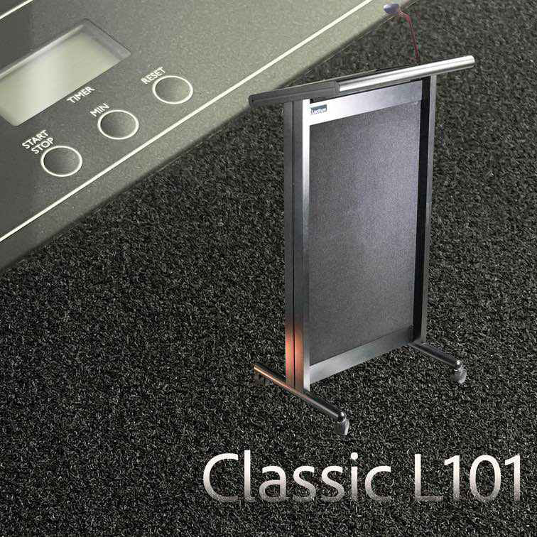 Classic L101 lectern with dual XLR inputs, a clock timer, and a reading light, set against a textured background.